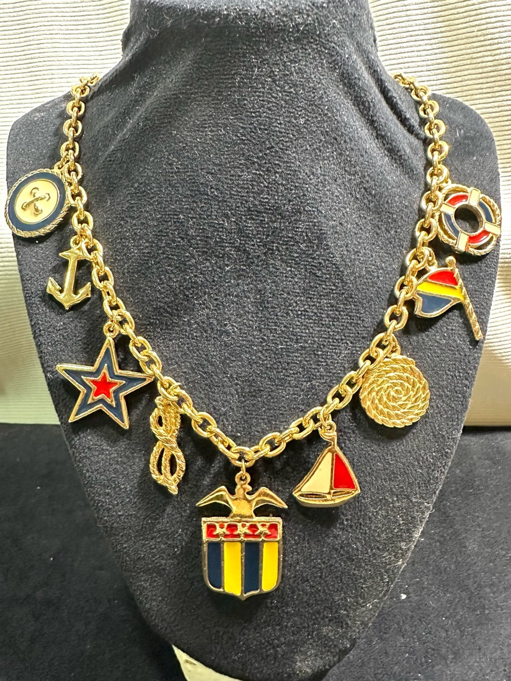 Vtg: Gold Toned Red, White & Blue Enameled Nautical Style Charm Necklace